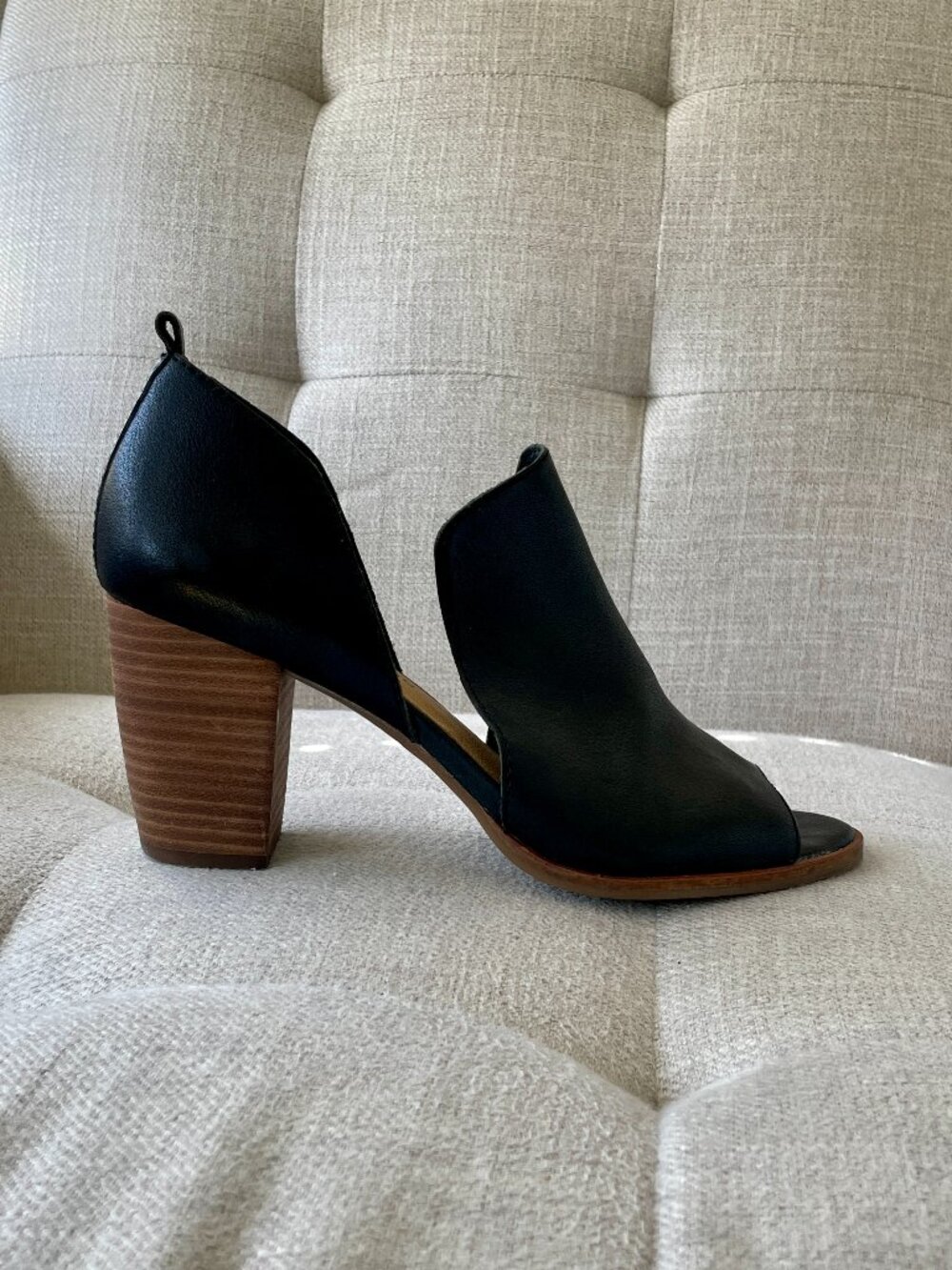 Lucky Brand black saddle leather D’Orsay Open Toe Slip Ons Size 8.5